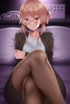  1girl bad_anatomy breasts brown_hair brown_legwear crossed_arms crossed_legs folded_ponytail glasses hair_up huyumitsu medium_breasts medium_hair office_lady on_bed original pantyhose phone 