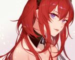  1girl absurdres arknights bangs bare_shoulders commentary detached_collar hair_between_eyes highres huge_filesize jesse_(pixiv34586727) long_hair parted_lips portrait redhead smile solo surtr_(arknights) violet_eyes 