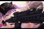  95kazumi aiming assault_rifle blurry blurry_background blurry_foreground blush commentary_request fingernails green_eyes gun hair_between_eyes hair_ornament hairclip hat highres hololive long_hair rifle scope tokoyami_towa twintails virtual_youtuber weapon 
