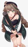  1girl ahoge arknights artist_name ayaya_(ayaya_ri) bandeau bangs bare_shoulders baseball_bat black_headwear breasts brown_hair commentary cuora_(arknights) eyebrows_visible_through_hair fang feet_out_of_frame green_eyes green_hair grey_background highres holding holding_baseball_bat jacket long_hair long_sleeves looking_at_viewer multicolored_hair off_shoulder open_clothes open_jacket open_mouth simple_background skin_fang small_breasts solo standing streaked_hair thighs twitter_username very_long_hair 