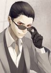  1boy adjusting_eyewear black_gloves black_hair dress_shirt fangs fangs_out formal gloves hair_slicked_back hal_(hal0x0) hand_up highres light_smile lips looking_at_viewer looking_over_eyewear male_focus nose open_clothes open_shirt orange_eyes original pale_skin parted_lips realistic sanpaku shirt short_hair solo suit sunglasses upper_body vampire very_short_hair vest 