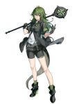  1girl absurdres antenna_hair arknights bangs bare_legs bike_shorts black_footwear black_gloves black_shirt black_shorts boots brown_eyes chinese_commentary commentary_request crocodilian_tail full_body gavial_(arknights) gloves green_hair hair_between_eyes hands_up hercule_(zho_yue_yu) highres holding holding_staff long_hair looking_at_viewer pouch shirt short_sleeves shorts simple_background smile solo staff standing tail thighs white_background 