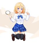  1girl bangs black_legwear blonde_hair blue_eyes blue_neckwear blue_skirt blush bow bowtie breasts collared_shirt commentary_request eyebrows_visible_through_hair felutiahime hair_between_eyes highres holding_magnifying_glass hololive hololive_english knees_together_feet_apart loafers long_sleeves looking_at_viewer medium_breasts medium_hair open_mouth plaid plaid_skirt pleated_skirt shirt shoes skirt solo swept_bangs thigh-highs virtual_youtuber watson_amelia white_shirt zettai_ryouiki 