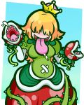  1girl :d bangs belly blonde_hair blue_background border breasts commentary_request covered_eyes crown dress facing_viewer flipped_hair gradient gradient_background green_background green_dress hair_over_eyes highres kafuka5364 long_hair long_tongue super_mario_bros. medium_breasts mini_crown multicolored multicolored_background new_super_mario_bros._u_deluxe open_mouth outside_border piranha_plant plant polka_dot_hair polka_dot_skirt princess_piranha_plant puffy_short_sleeves puffy_sleeves red_skirt saliva shaded_face sharp_teeth short_sleeves simple_background skirt smile solo super_crown teeth thorns tongue tongue_out vines white_border 