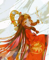  1girl artist_name bangs brown_eyes brown_hair character_request commentary_request headpiece japanese_clothes kimono long_hair long_sleeves looking_at_viewer looking_back onmyoji pixiv_id red_kimono say_hana sidelocks signature sleeves_past_fingers sleeves_past_wrists solo twitter_username very_long_hair wide_sleeves 