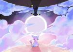  back black_skin clouds espeon gen_2_pokemon grass looking_afar moon pokemon purple_skin sitting super-tuler tail umbreon 