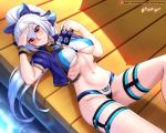  1girl adapted_costume bikini blue_bikini blue_bow blue_jacket blue_swimsuit blush bow breasts cellphone cropped_jacket fate/grand_order fate_(series) hair_between_eyes hair_bow highres holding holding_phone jacket long_hair medium_breasts midriff mitsudomoe_(shape) multicolored multicolored_bikini multicolored_clothes multicolored_swimsuit navel open_clothes open_jacket patreon_username phone ponytail red_eyes shadow silver_hair smartphone smile solo striped striped_swimsuit swimsuit thigh_strap tomoe_(symbol) tomoe_gozen_(fate/grand_order) tomoe_gozen_(swimsuit_saber)_(fate) very_long_hair vilde_loh_hocen watermark web_address white_bikini white_swimsuit wristband 