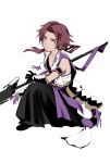  1boy black_gloves gloves hakama highres ieiieiiei japanese_clothes male_focus one_knee polearm pom_pom_(clothes) ponytail redhead spear tonbokiri_(touken_ranbu) touken_ranbu weapon yari yellow_eyes younger 