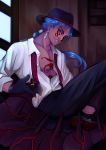  1boy absurdres black_gloves black_pants blue_hair bodypaint cigar cu_chulainn_(fate)_(all) cu_chulainn_alter_(fate/grand_order) dress_shirt earrings facepaint fate/grand_order fate_(series) fedora gloves grin hat heroic_spirit_formal_dress highres indoors jewelry juliana_sampaio long_hair looking_at_viewer open_clothes open_shirt pants parted_lips ponytail red_eyes shirt signature smile solo spikes spiky_hair tail type-moon undone_necktie 