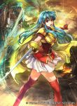 1boy 1girl aqua_eyes aqua_hair armor bangs boots bracelet breastplate cape castle clouds cloudy_sky commentary_request earrings eirika_(fire_emblem) elbow_gloves ephraim_(fire_emblem) fingerless_gloves fire_emblem fire_emblem:_the_sacred_stones fire_emblem_cipher gloves holding holding_sword holding_weapon jewelry long_hair looking_at_viewer official_art open_mouth outdoors polearm rapier red_footwear short_hair short_sleeves shoulder_armor simple_background skirt sky spear sunset sword thigh-highs thigh_boots wada_sachiko weapon white_skirt zettai_ryouiki 