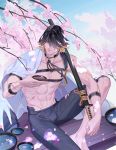  1boy abs bara bare_chest black_hair blonde_hair cherry_blossoms chest chest_harness cup facial_hair feet_out_of_frame hair_over_one_eye harness highres japanese_clothes katana leather male_focus multicolored_hair muscle nagasone_kotetsu navel ncww_rinichi nipples sakazuki short_hair solo stubble sword touken_ranbu two-tone_hair uchigatana weapon yellow_eyes 