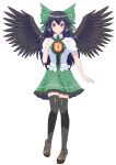  1girl absurdres bird_wings black_hair black_legwear black_wings blush bow breasts brown_footwear collar commentary_request frilled_collar frills full_body green_bow green_skirt hair_bow hand_on_own_chest highres large_breasts long_hair looking_at_viewer o1118 puffy_short_sleeves puffy_sleeves red_eyes reiuji_utsuho shirt short_sleeves simple_background skirt solo standing thigh-highs touhou triangle very_long_hair white_background white_shirt wings zettai_ryouiki 