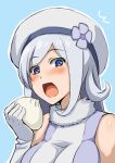  1girl aila_jyrkiainen blue_eyes blush breasts close-up eyebrows_visible_through_hair food gloves gundam gundam_build_fighters hat holding holding_food large_breasts looking_at_viewer open_mouth silver_hair solo sorano_(12gou) white_gloves white_headwear 