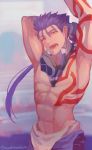  1boy abs absurdres alternate_costume arm_behind_head arm_up armpits blue_hair bodypaint cu_chulainn_(fate)_(all) earrings fangs fate/stay_night fate_(series) goggles goggles_around_neck highres jewelry lancer long_hair looking_at_viewer muscle one_eye_closed open_mouth ponytail red_eyes shirtless snorkel solo spiky_hair stretch tablefork twitter_username type-moon yawning 