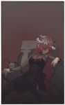  1girl absurdres black_dress bodystocking bright_pupils broken brown_legwear closed_mouth crown_of_thorns dress gogalking hair_over_one_eye highres long_hair looking_at_viewer one_eye_covered original pink_hair reclining red_eyes short_dress sitting solo thigh-highs throne white_pupils 
