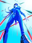  1boy blue_hair bodysuit cu_chulainn_(fate)_(all) earrings fate/stay_night fate_(series) from_below gae_bolg holding holding_weapon jewelry lancer light_trail long_hair looking_at_viewer nokolight0616 polearm red_eyes skin_tight solo spear spiky_hair type-moon weapon 