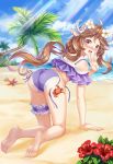  1girl all_fours animal_ears arknights arm_support ass bare_legs bare_shoulders barefoot bikini blue_sky blush brown_hair chinese_commentary clouds commentary_request crab day eyjafjalla_(arknights) flower hair_flower hair_ornament hand_up hibiscus horns leg_garter light_rays long_hair looking_at_viewer nose_blush off-shoulder_swimsuit off_shoulder open_mouth palm_tree pink_eyes purple_bikini red_flower ryuu32 shadow sheep_ears sheep_horns sky solo starfish swimsuit tears thighs tree white_flower 
