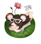  1girl animal_ears bangs barefoot blush brown_hair chibi closed_eyes commission crossed_arms dokomon eyebrows_visible_through_hair eyewear_on_head flower full_body highres korean_text lily_pad long_hair lotus lying minigirl on_stomach open_mouth original pink_flower shirt short_sleeves simple_background solo squirrel_ears swept_bangs translation_request very_long_hair white-framed_eyewear white_background white_shirt 