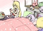  2girls alarm_clock antenna_hair apple banana basket blonde_hair blush bookshelf bunny_head cleavage_cutout clock clothing_cutout comforter commentary covering_mouth cutting food frog fruit fruit_basket grin holding holding_food holding_fruit holding_knife knife lamp looking_at_another looking_away multiple_girls orange peeling pillow purple_hair rabbit shirt sleeveless sleeveless_shirt smile stuffed_animal stuffed_toy tasuke towel towel_on_head tsurumaki_maki under_covers voiceroid white_shirt yuzuki_yukari 