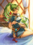  1girl bangs bracelet breasts earrings fgo_ave fire_emblem fire_emblem:_the_blazing_blade fire_emblem_cipher green_hair hair_ornament high_ponytail holding jewelry long_hair looking_at_viewer lyn_(fire_emblem) medium_breasts official_art open_mouth short_sleeves simple_background solo thighs 
