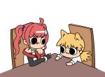  2girls :3 afei_(sfma3248) ahoge animal_ears azur_lane bangs bare_shoulders blonde_hair cat_ears chair chibi commentary_request eyebrows_visible_through_hair girls_frontline hair_between_eyes hair_ornament idw_(girls_frontline) long_hair multiple_girls necktie open_mouth red_neckwear redhead san_diego_(azur_lane) shirt simple_background table twintails upper_body white_background 