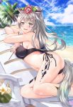  1girl :d arknights ass bangs bare_shoulders beach beach_chair bikini black_bikini black_nails blue_sky chinese_commentary clouds commentary_request day feet_out_of_frame flower grey_eyes hair_flower hair_ornament lappland_(arknights) looking_at_viewer nail_polish ocean open_mouth oripathy_lesion_(arknights) outdoors partial_commentary red_flower ryuu32 scar scar_across_eye side-tie_bikini silver_hair sky smile solo swimsuit tail thighs water wolf_tail 