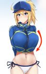  1girl ahoge arms_behind_back arrow_(symbol) artoria_pendragon_(all) ass_visible_through_thighs baseball_cap bikini blonde_hair blue_eyes blue_headwear breasts closed_mouth eyebrows_visible_through_hair fate/grand_order fate_(series) hair_between_eyes hair_through_headwear hat highres large_breasts looking_at_viewer mysterious_heroine_xx_(foreigner) navel ponytail poshi_(ginmokusei) shrug_(clothing) side-tie_bikini smile solo swimsuit white_bikini zipper 