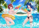  2girls ;d arknights ass bangs bare_arms bare_shoulders barefoot bikini black_bikini blue_eyes blue_hair blue_sky brown_eyes chinese_commentary clouds commentary_request day exusiai_(arknights) eyebrows_visible_through_hair eyewear_on_head halo halterneck holding holding_water_gun horns innertube long_hair looking_at_another mostima_(arknights) multiple_girls one_eye_closed open_mouth outdoors redhead ryuu32 short_hair side-tie_bikini sky smile standing standing_on_one_leg sunglasses swimsuit tail thigh_strap thighs wading water water_drop water_gun white_bikini 