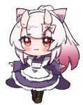  1girl :3 apron blush bow chibi commentary_request gradient_hair hololive horn_bow horns looking_at_viewer multicolored_hair nakiri_ayame namaonpa ponytail red_eyes redhead simple_background solo standing virtual_youtuber wa_maid white_background white_hair wide_sleeves 