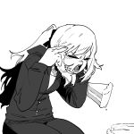  blush cake cake_slice closed_eyes copyright_request floating food greyscale hand_on_own_face highres jackets levitation long_sleeves man_levitating_pizza_(meme) monochrome open_mouth pants ponytail simple_background ssambatea white_background 