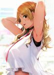  1girl armpits arms_behind_head arms_up bangs bare_shoulders black_eyes blonde_hair breasts brown_hair choker dark_skin gradient_hair highres idolmaster idolmaster_shiny_colors izumi_mei katsurai_yoshiaki large_breasts long_hair looking_at_viewer multicolored_hair open_mouth parted_lips smile 