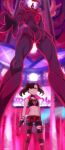  1girl asymmetrical_bangs bangs black_hair choker closed_mouth collarbone commentary dynamax_band eyelashes floating_hair gen_8_pokemon gigantamax gigantamax_grimmsnarl gloves grimmsnarl hair_ribbon highres iruzu_(pixiv27236115) leggings light marnie_(pokemon) navel number partly_fingerless_gloves pokemon pokemon_(creature) pokemon_(game) pokemon_swsh red_ribbon ribbon single_glove torn_clothes torn_legwear 