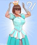  !? 1girl absurdres aestheticc-meme bob_cut brown_hair collarbone crystal dark_skin diamond_(gemstone) dress genderswap genderswap_(mtf) glitter gloves highres super_mario_bros. minecraft steve_(minecraft) super_crown super_mario_bros. violet_eyes 