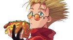  1boy bangs black_gloves blonde_hair coat commentary_request earrings eating food gloves green_eyes holding holding_food hot_dog jewelry looking_at_viewer male_focus orange-tinted_eyewear partly_fingerless_gloves red_coat sayshownen simple_background solo spiky_hair sunglasses trench_coat trigun vash_the_stampede white_background 