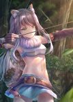  1girl aiming animal_ear_fluff animal_ears armor armpits arrow_(projectile) bandeau bangs belt black_gloves black_hair bow_(weapon) breasts brown_belt capelet commentary cowboy_shot eyebrows_visible_through_hair falling_leaves fingerless_gloves forest fur_capelet gauntlets glint gloves gradient_hair green_skirt groin highres holding holding_arrow holding_bow_(weapon) holding_weapon leaf light_rays long_hair medium_breasts midriff miniskirt multicolored_hair nature navel parted_lips princess_connect! princess_connect!_re:dive quiver shiori_(princess_connect!) shoulder_armor sidelocks skirt solo standing striped_tail sunbeam sunlight tail tamikko tiger_ears tree weapon yellow_eyes 