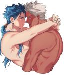  2boys archer arms_around_neck blue_hair brown_eyes couple cropped_torso cu_chulainn_(fate)_(all) dark_skin dark_skinned_male earrings fate/grand_order fate/stay_night fate_(series) jewelry lancer long_hair male_focus multiple_boys muscle ponytail pout red_eyes shirtless sweatdrop tarako_(kubo315) toned toned_male white_background white_hair yaoi 