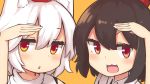  2girls :3 animal_ear_fluff animal_ears arm_up black_hair blush commentary_request eyebrows_visible_through_hair face hair_between_eyes hand_on_own_head hat inubashiri_momiji jitome looking_at_viewer medium_hair multiple_girls orange_background red_eyes red_headwear saisoku_no_yukkuri shameimaru_aya shirt simple_background sleeveless sleeveless_turtleneck tokin_hat touhou triangle_mouth turtleneck v-shaped_eyebrows white_hair white_shirt wolf_ears 