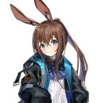  1girl amiya_(arknights) animal_ears arknights bangs blue_eyes blue_jacket blush brown_hair eyebrows eyebrows_visible_through_hair hair_between_eyes jacket long_hair long_ponytail mamemena ponytail rabbit_ears shirt smile solo white_shirt 