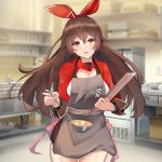  1girl absurdres amber_(genshin_impact) apron blush brown_eyes brown_hair genshin_impact hair_ornament highres ladle long_hair looking_at_viewer open_mouth solo 