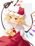 1girl arms_behind_back blonde_hair commentary crystal flandre_scarlet grey_background hat hi_o_kawa holding laevatein long_hair mob_cap pointy_ears polka_dot polka_dot_background red_eyes red_skirt red_vest shirt short_sleeves side_ponytail skirt solo touhou upper_body vest white_headwear white_shirt wings yellow_neckwear 