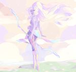  1girl bare_shoulders bow breasts cliff clouds four_arms gem giantess highres holding holding_weapon looking_back ocean opal_(steven_universe) purple_skin smile solo steven_universe vonnabeee weapon yellow_footwear 
