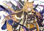 1girl :d animal_ears arknights bangs blonde_hair breasts ceobe_(arknights) eyebrows eyebrows_visible_through_hair hair_between_eyes holding holding_weapon long_hair long_sleeves looking_at_viewer mamemena open_mouth red_eyes sleeves smile solo weapon
