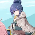  2girls bangs blue_hair blue_jacket blush brown_skirt cellphone commentary_request cup eyebrows_visible_through_hair food fringe_trim hair_between_eyes hair_bun hand_up highres holding holding_cup holding_food jacket kagamihara_nadeshiko kuena leaning_forward long_sleeves looking_at_viewer mug multiple_girls out_of_frame parted_lips phone pink_hair shima_rin sitting skirt solo_focus taking_picture violet_eyes yurucamp 