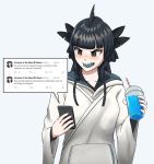  1girl angry artemis_of_the_blue bangs black_eyes black_hair blue_tongue blush drink english_commentary english_text goodnessme holding holding_drink holding_phone indie_virtual_youtuber looking_at_phone looking_down mole mole_under_eye open_mouth phone slushie solo v-shaped_eyebrows virtual_youtuber 