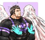  1boy 1other ? angel angel_wings bara beard black_bodysuit black_hair bodysuit chest covered_abs facial_hair feathered_wings grabbing groping groping_motion halo highres kizami_nori_to_yamaimo male_focus manly muscle nether_angel_(tokyo_houkago_summoners) pectoral_grab short_hair stubble tokyo_houkago_summoners upper_body wings 