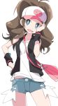  1girl bag baseball_cap blue_eyes brown_hair commentary_request denim denim_shorts hat hilda_(pokemon) ixy long_hair looking_at_viewer open_mouth pokemon pokemon_(game) pokemon_bw ponytail shorts simple_background sleeveless smile solo white_background white_headwear 