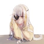  1girl arm_support bangs elbows_on_table eyepatch girls_frontline ki_lllorz long_hair m16a1_(girls_frontline) m16a1_(girls_frontline)_(boss) multicolored_hair scar scar_across_eye shirt solo streaked_hair table very_long_hair white_background white_hair yellow_eyes 