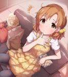  1girl absurdres black_legwear blush brown_eyes couch dress eating highres idolmaster idolmaster_million_live! idolmaster_million_live!_theater_days indoors looking_at_viewer medium_hair orange_hair pantyhose sitting solo woshinon yabuki_kana yellow_dress 