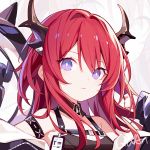  1girl arknights armband bangs bare_shoulders chinese_commentary commentary_request detached_collar eyebrows_visible_through_hair hair_between_eyes horns kurisu_tina long_hair looking_at_viewer redhead solo surtr_(arknights) upper_body violet_eyes zoom_layer 