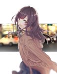  1girl brown_eyes brown_hair car coat ground_vehicle highres idolmaster idolmaster_shiny_colors long_hair long_sleeves looking_back motor_vehicle open_mouth outdoors solo teeth tsukioka_kogane yaparu 